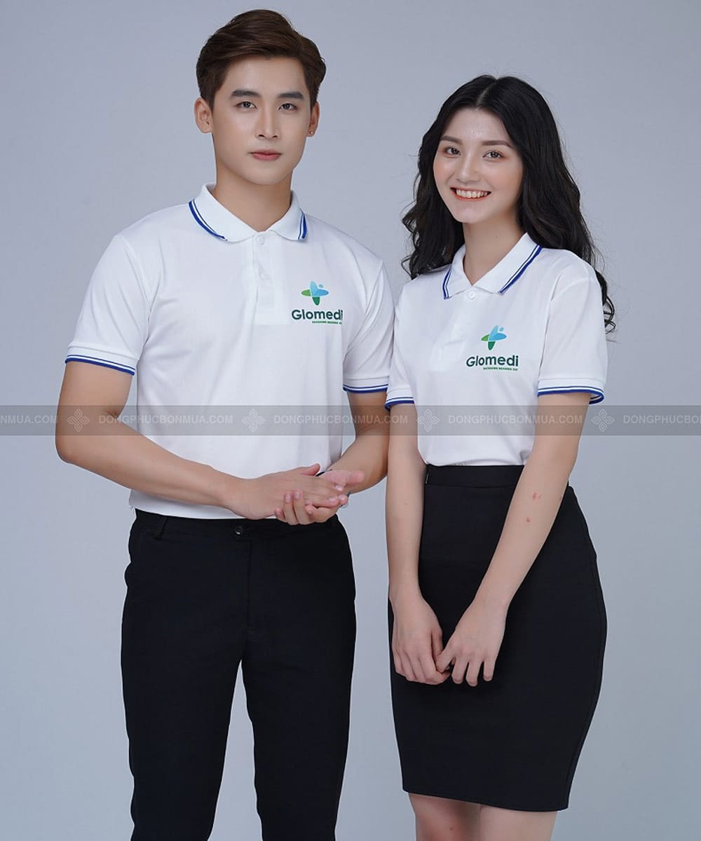 Áo có cổ đồng phục công ty màu trắng phối cổ viền xanh