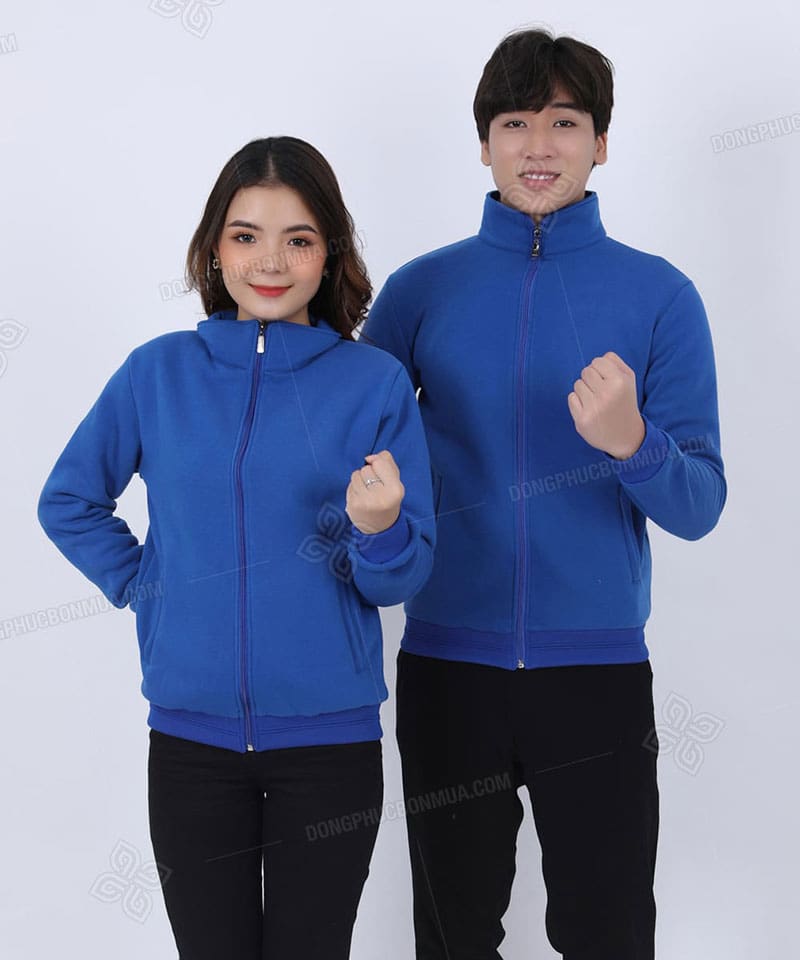 Áo khoác đồng phục cổ bẻ nỉ bông màu xanh ya