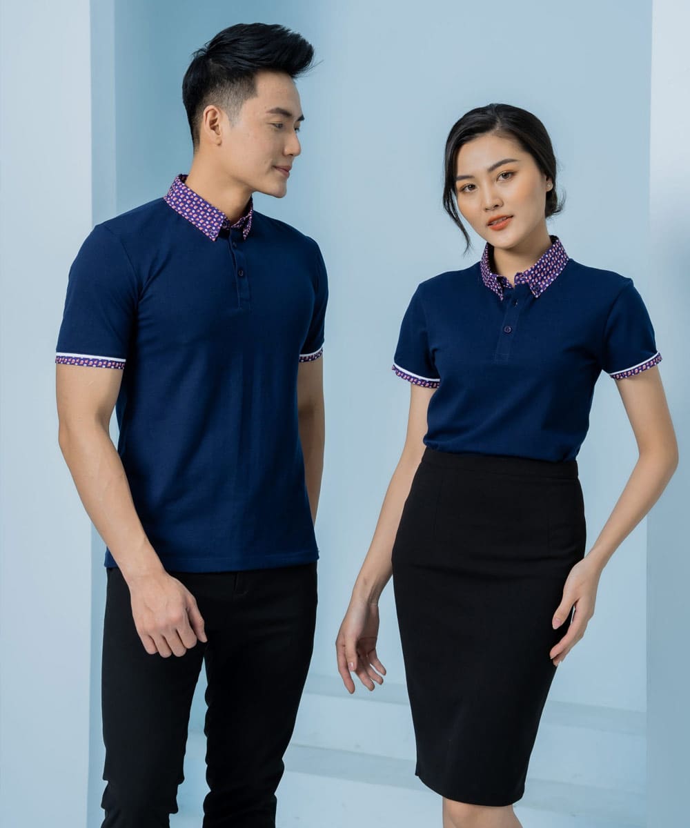 Áo thun đồng phục công ty màu xanh than, cổ họa tiết