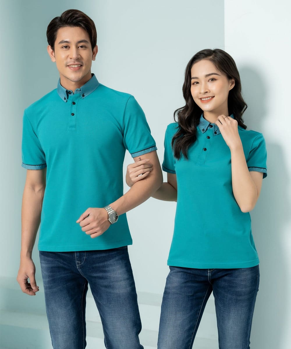 Áo thun có cổ đồng phục doanh nghiệp màu xanh ngọc, cổ họa tiết