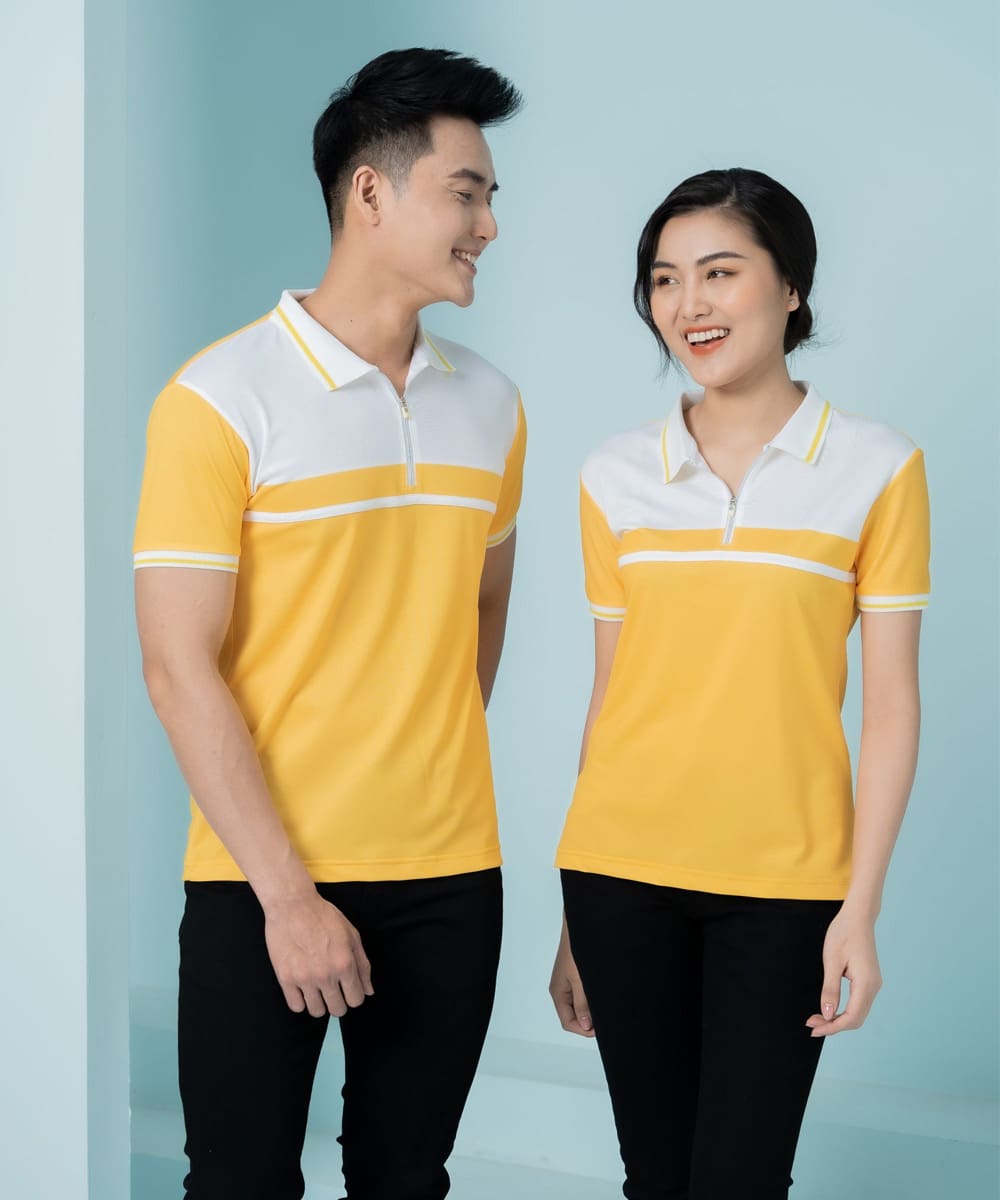 Áo thun công ty đồng phục màu vàng phối trắng