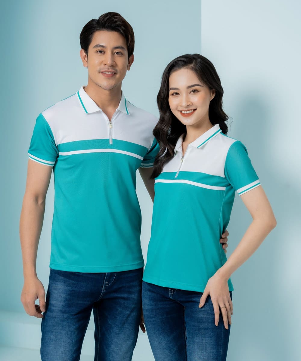Doanh nghiệp áo thun đồng phục màu xanh phối trắng