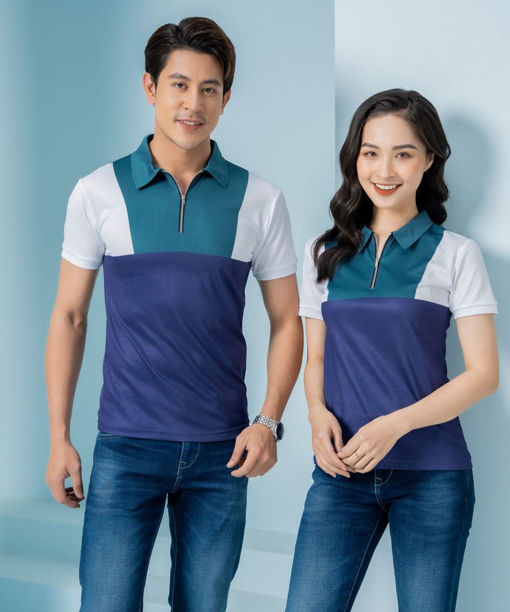Đồng phục áo công ty màu xanh dương phối trắng và xanh lá cây