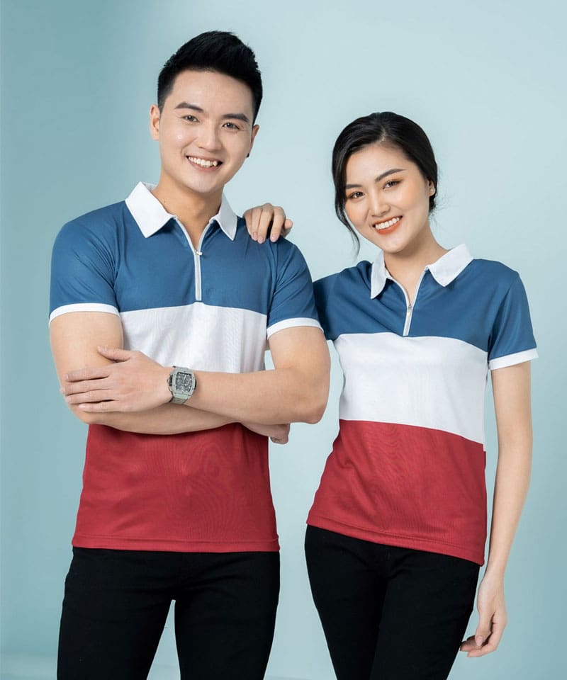 Áo thun công ty phối màu xanh, trắng, đỏ
