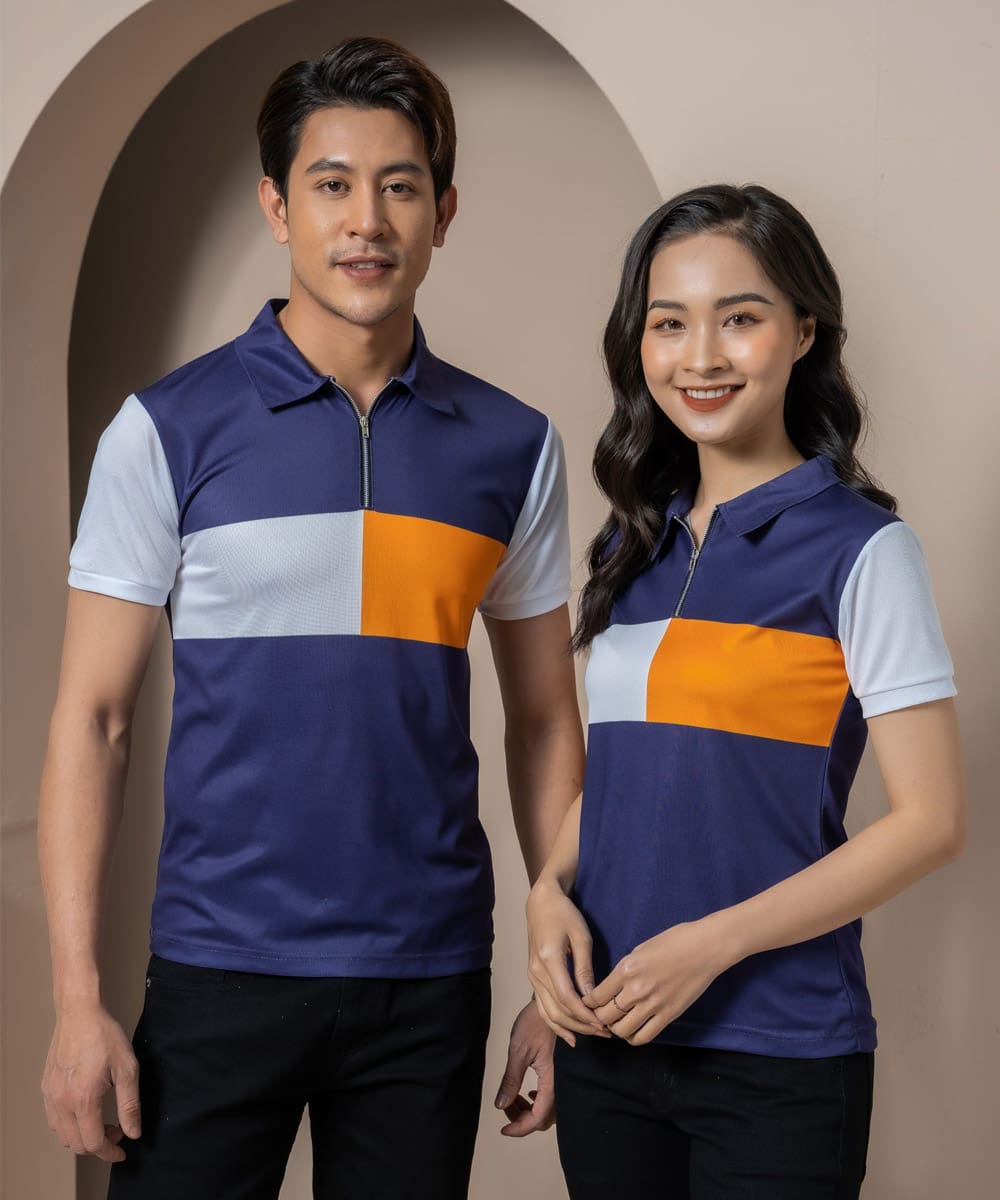 Áo phông đồng phục doanh nghiệp màu xanh phối cam, trắng