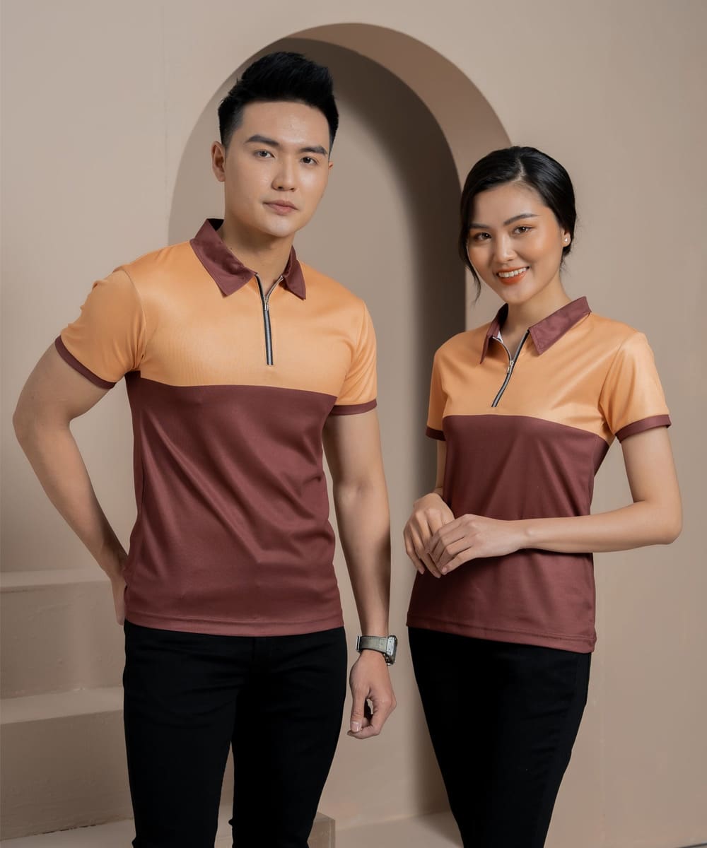 Áo thun đồng phục công ty màu nâu phối cam