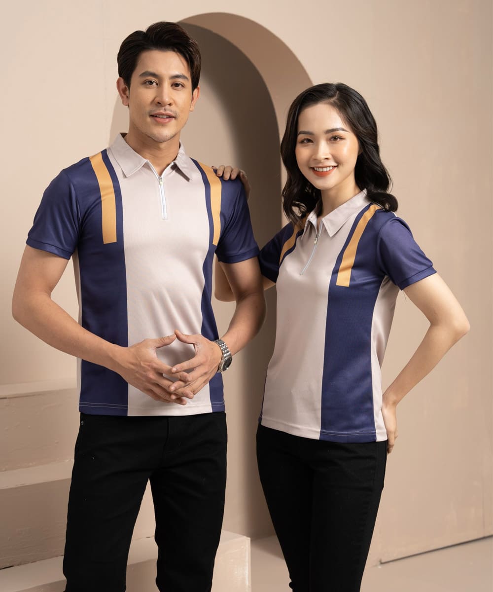 Áo thun đồng phục có cổ doanh nghiệp màu xám phối xanh, cam