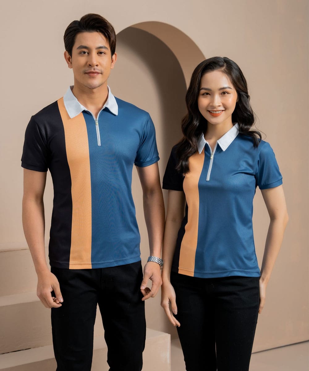 Đồng phục áo phông doanh nghiệp màu xanh phối cam, đen
