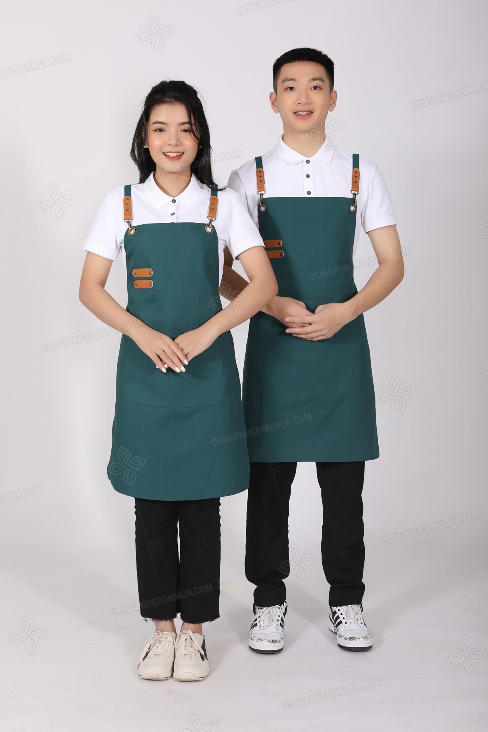 Tạp dề yếm vải kaki màu xanh lá cây phối da