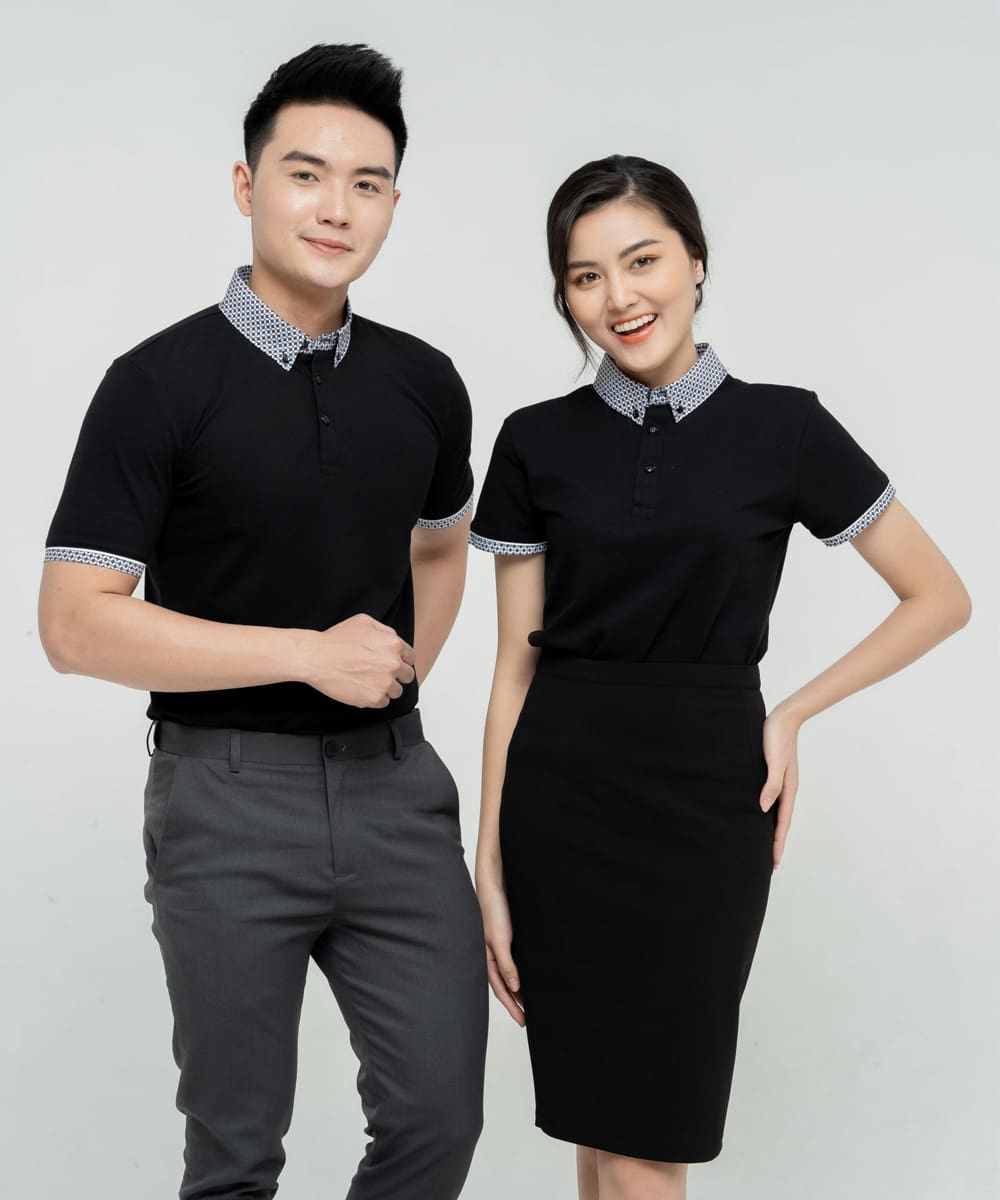 Đồng phục áo có cổ công ty màu đen, cổ họa tiết