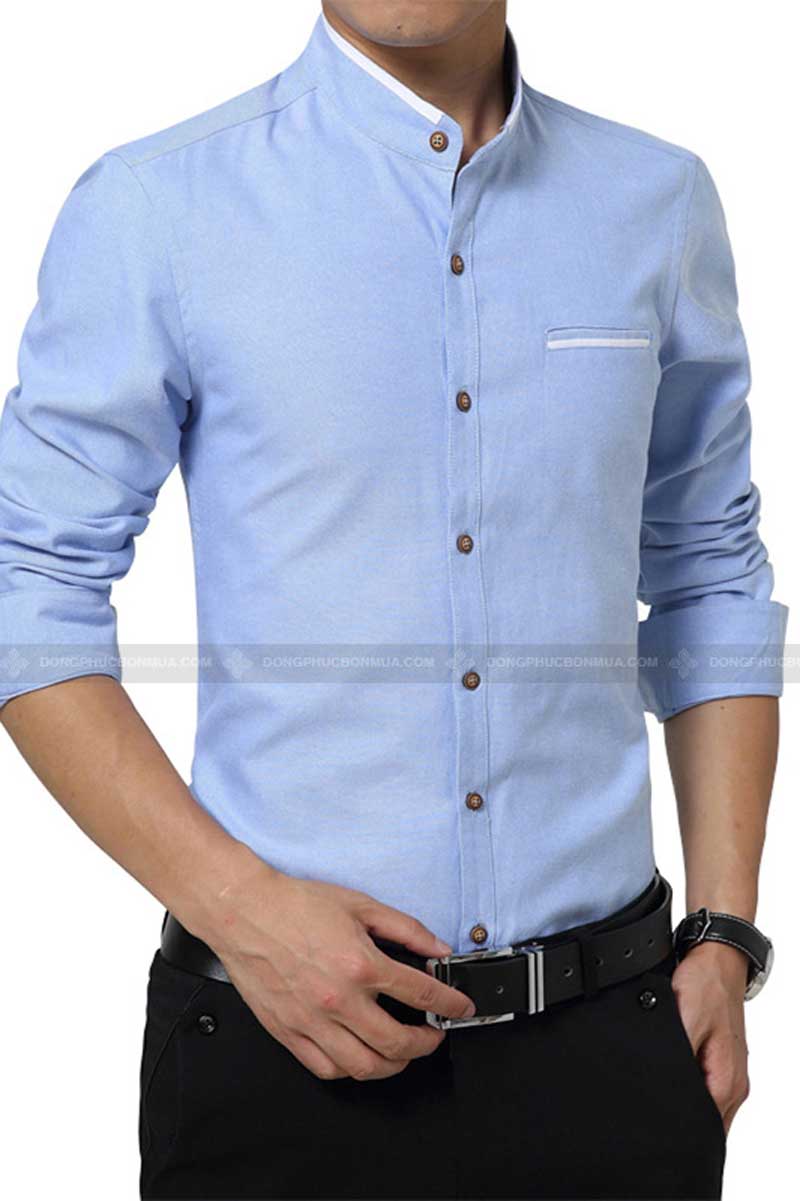 Áo cơ mi nam xanh cổ đứng