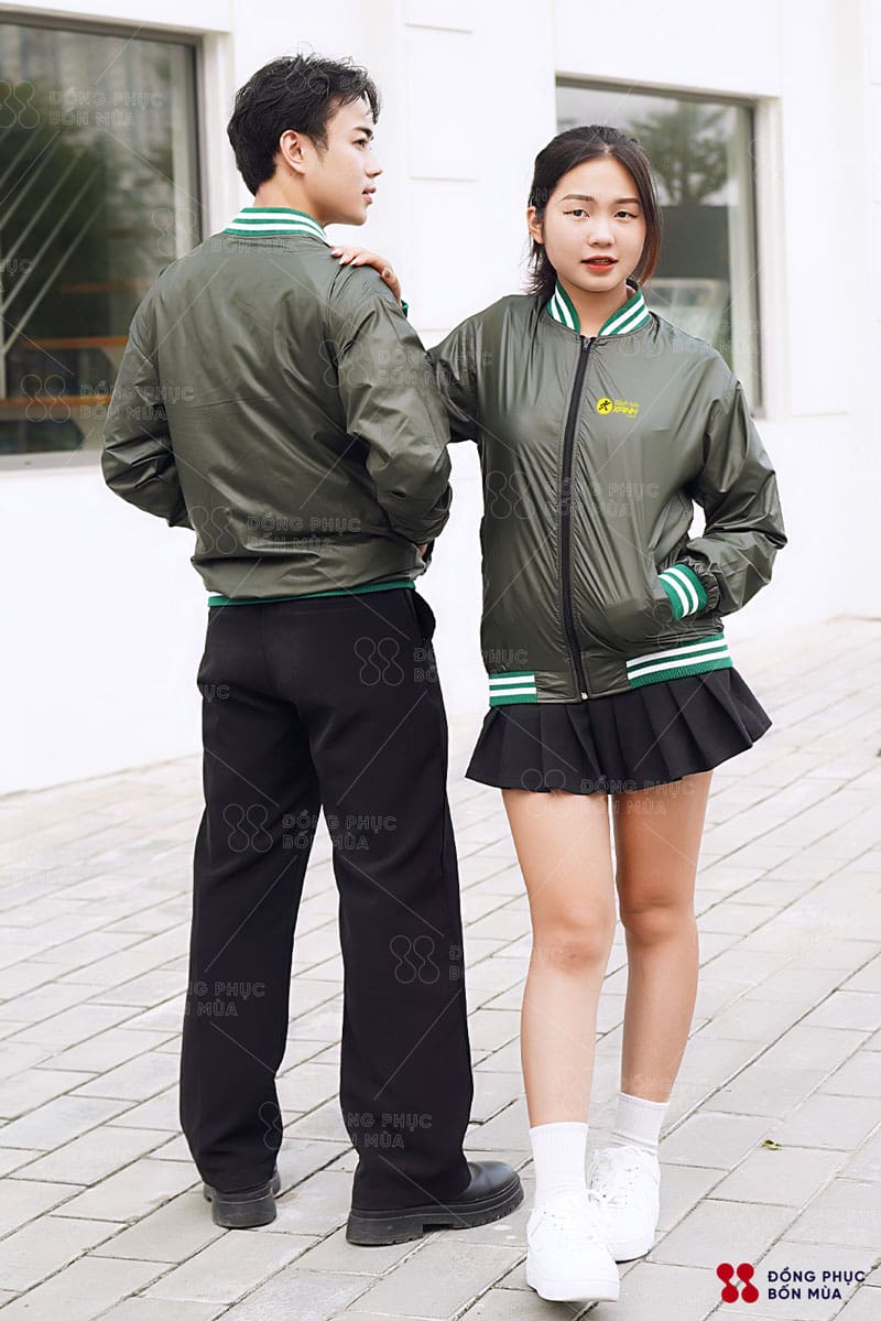 Áo khoác đồng phục gió bomber 2 lớp màu xanh rêu