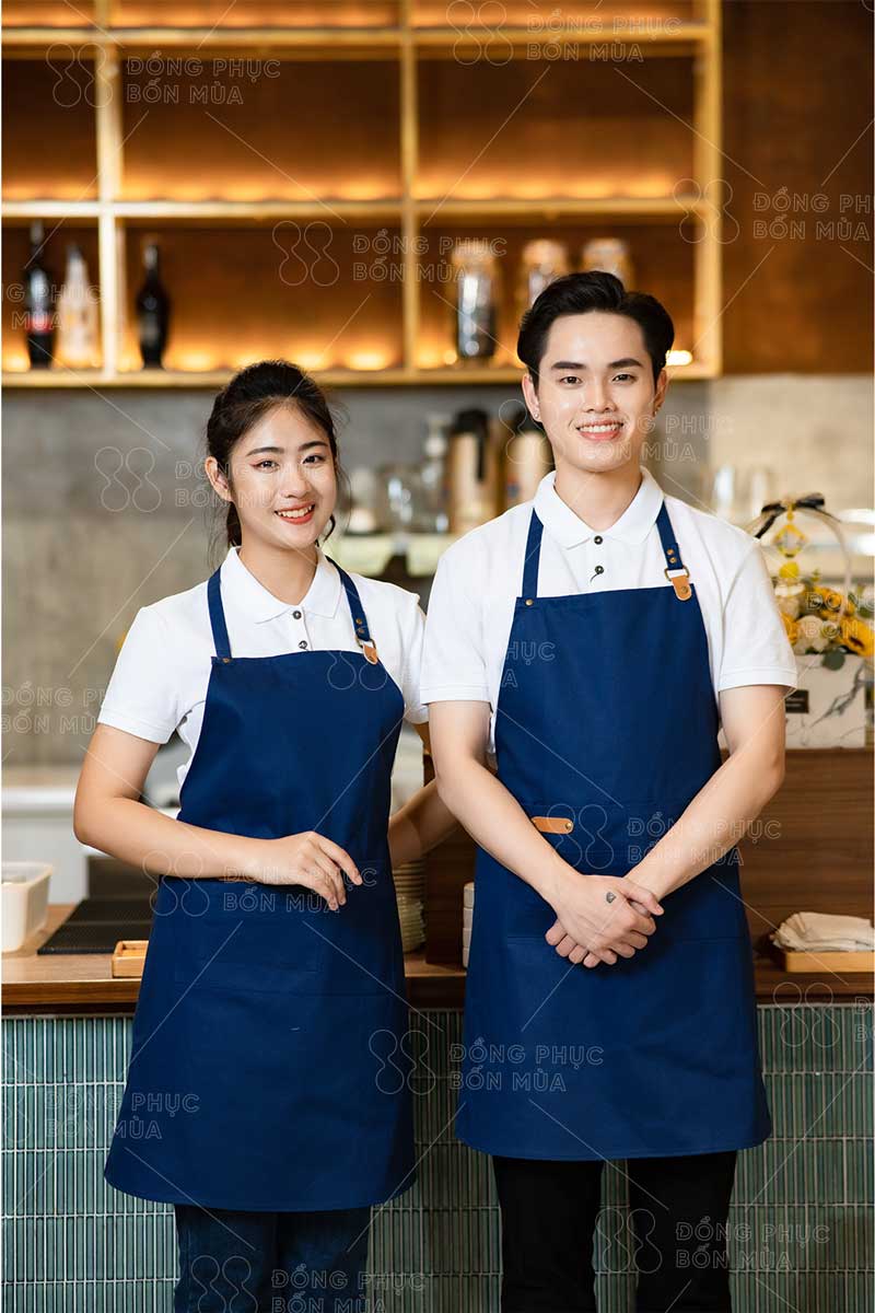 Combo áo đồng phục trắng phối tạp dề xanh than cho nhân viên nhà hàng