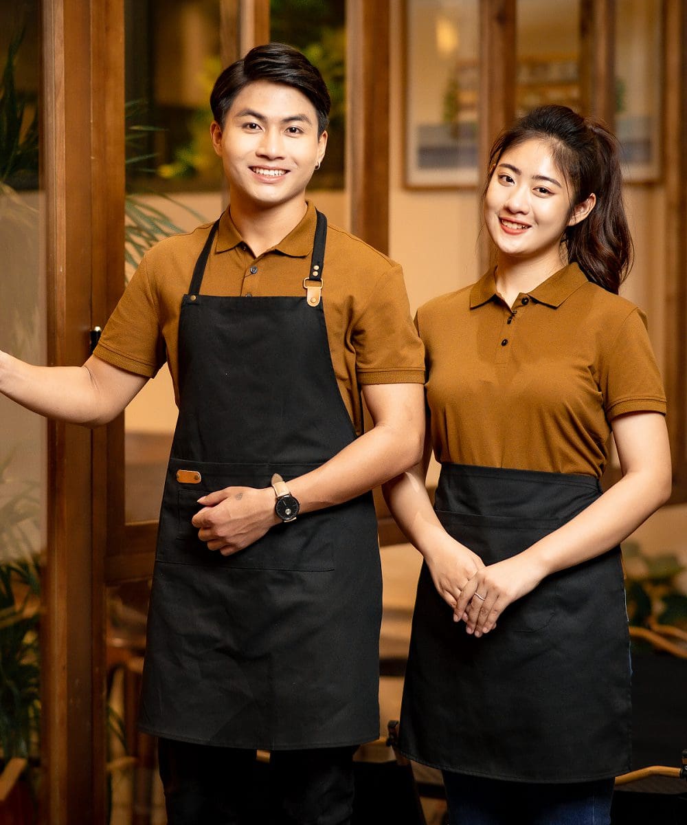 Combo áo đồng phục nâu cà phê phối tạp dề đen cho nhân viên nhà hàng