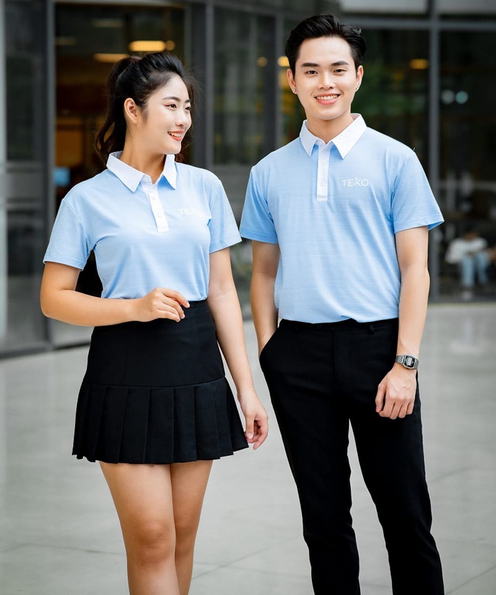 Áo phông có cổ doanh nghiệp màu xanh phối trắng