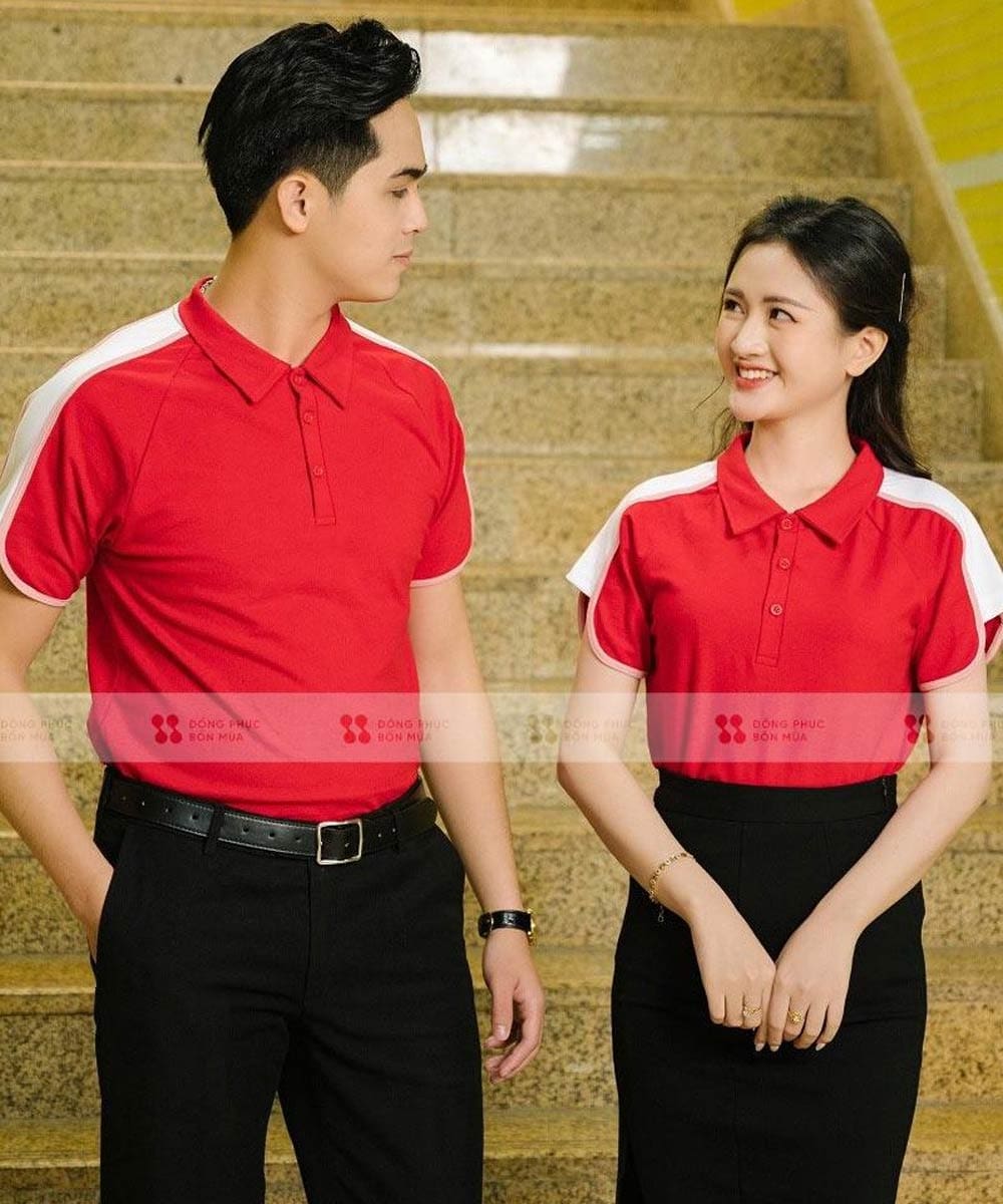 Áo phông doanh nghiệp màu đỏ tay phối lên ngôi