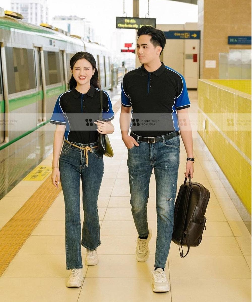 Đồng phục áo phông doanh nghiệp màu đen phối xanh dương