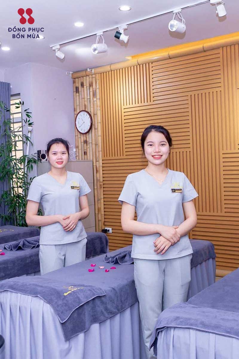 Áo đồng phục spa tông màu ghi trắng nhẹ nhàng