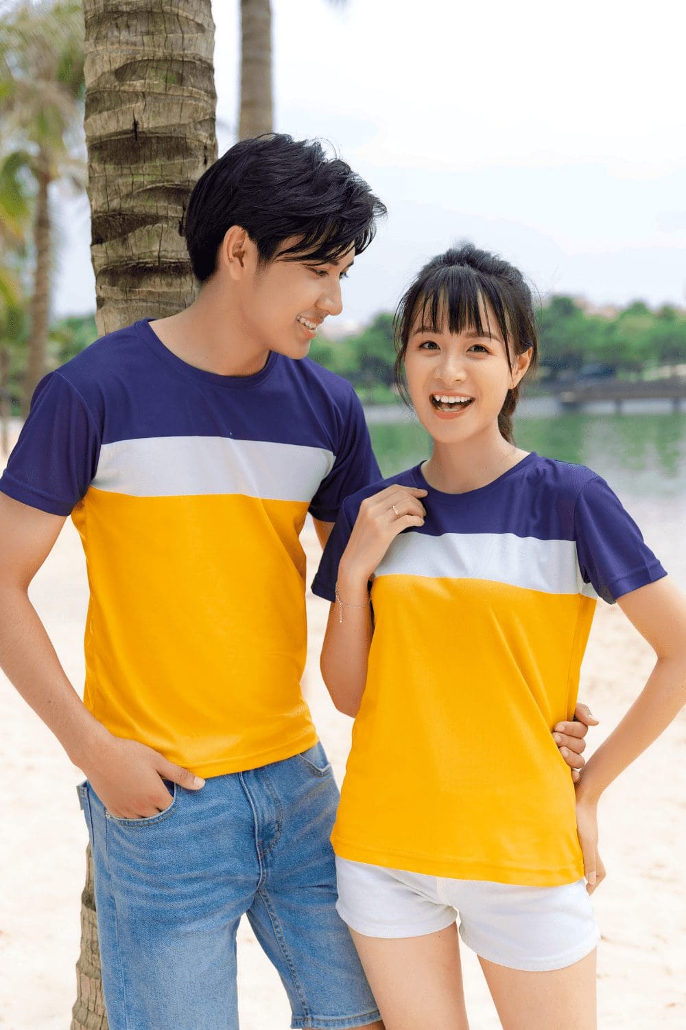 Áo đồng phục teambuilding du lịch Active Summer phối màu tím trắng vàng
