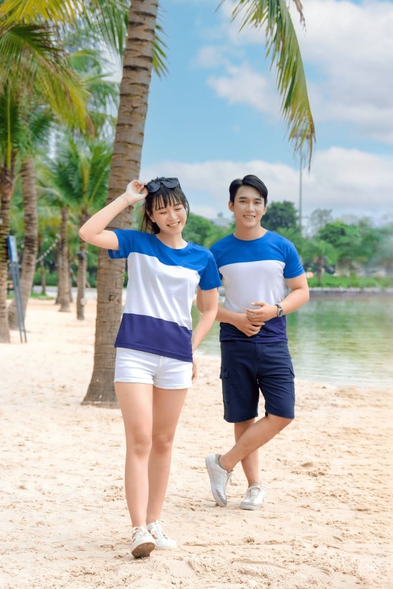 Áo teambuilding du lịch Active Summer phối màu tím trắng
