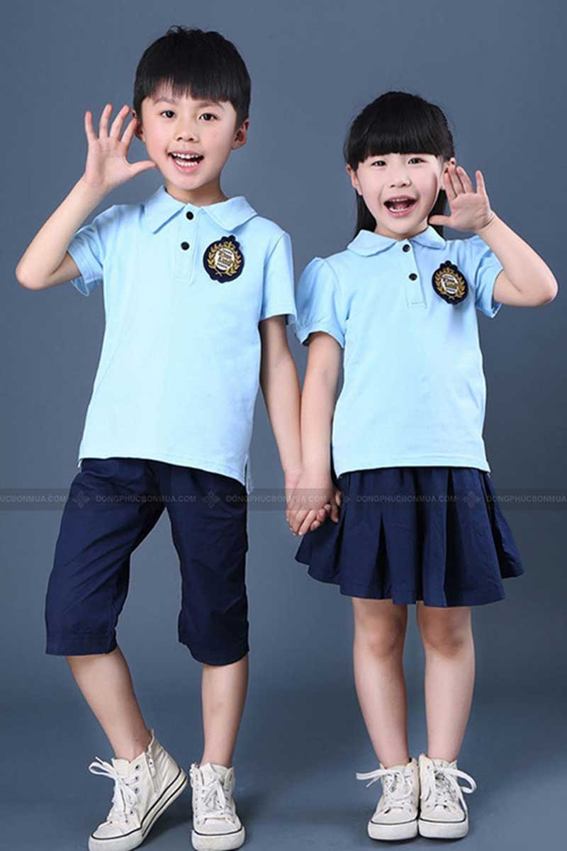 Đồng phục học sinh mầm non cổ bẻ màu xanh ya