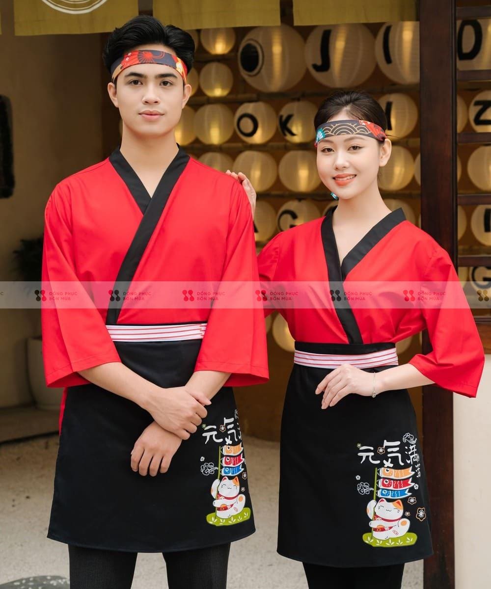 Mẫu đồng phục nhà hàng Nhật Bản áo màu đỏ, tạp dề đen