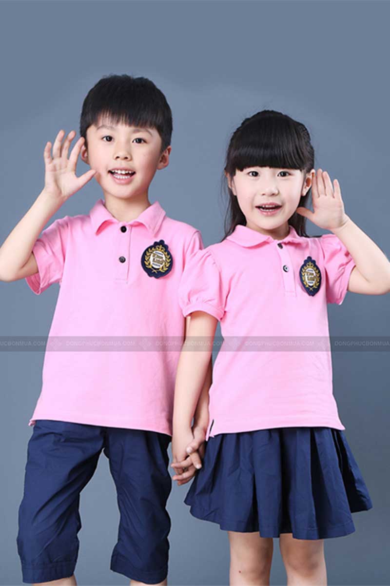 Đồng phục mầm non cổ bẻ màu hồng bền đẹp