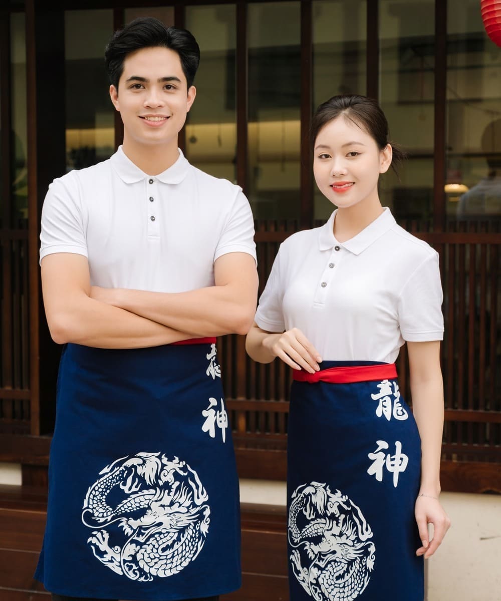 Mẫu đồng phục nhà hàng tạp dề màu xanh than, hình in đậm phong cách truyền thống