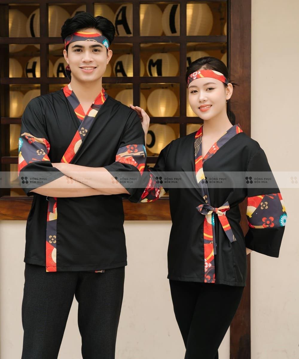Đồng phục nhà hàng Nhật màu đen, họa tiết văn hóa nhật