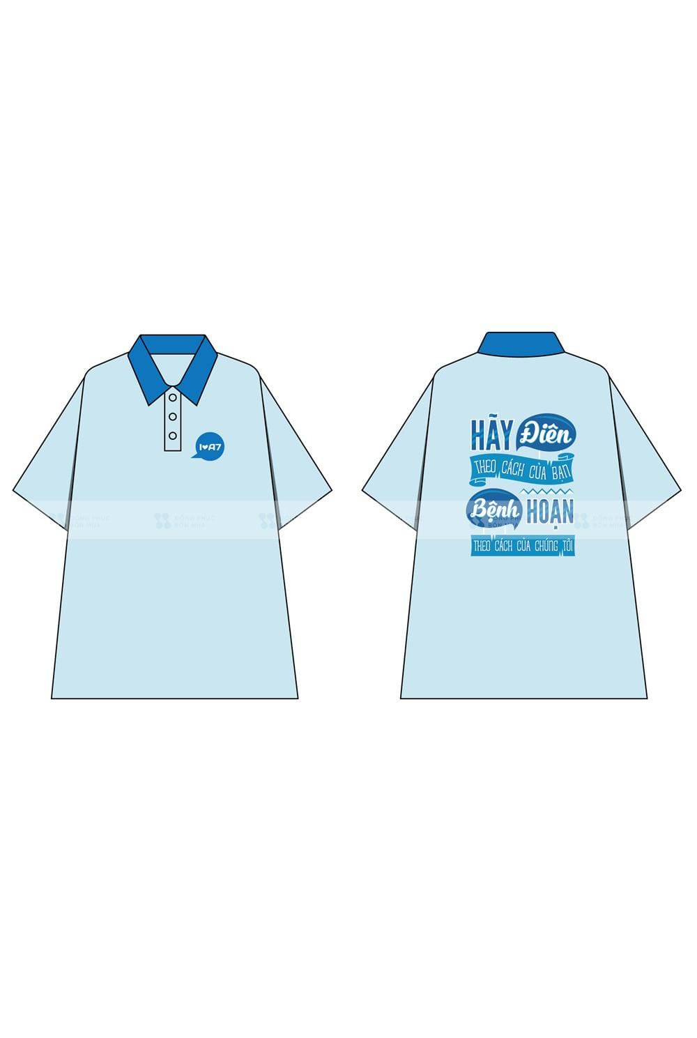 Áo đồng phục lớp có cổ màu xanh da trời in slogan độc lạ