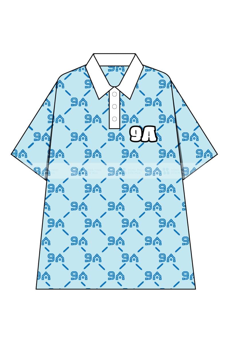 Áo có cổ đồng phục lớp oversize monogram xanh da trời