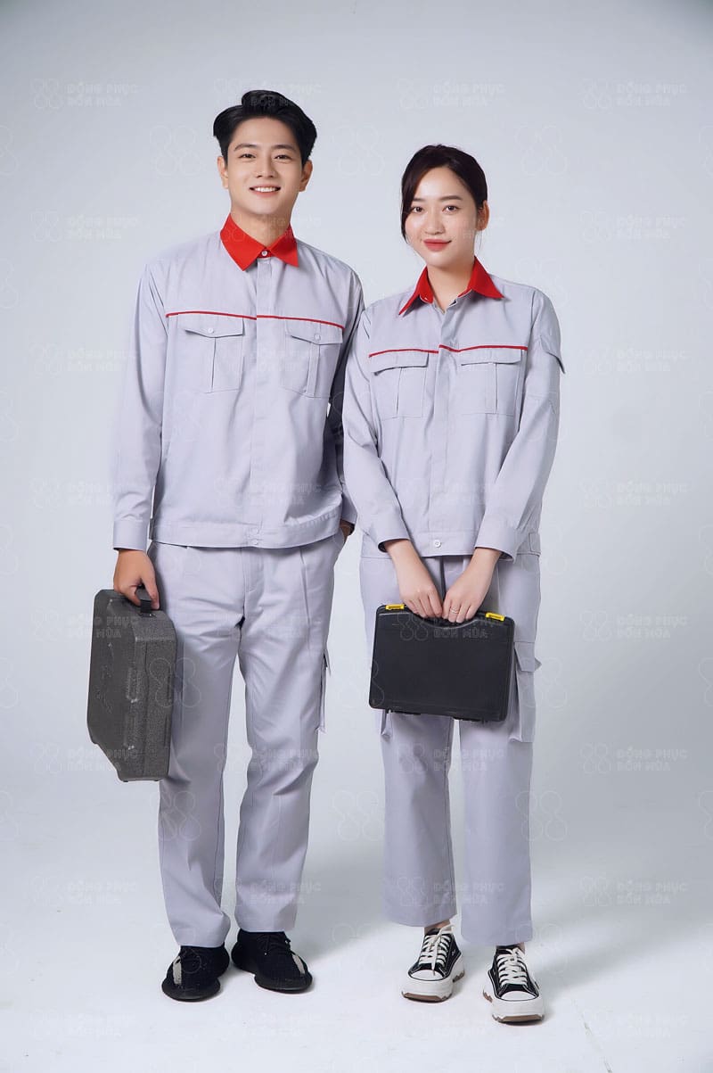 Mẫu bảo hộ lao động màu ghi phối cổ đỏ