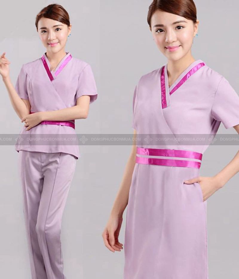 Đồng phục spa cổ tim màu tím ấn tượng