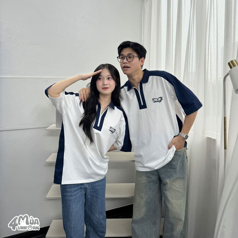 Mẫu áo đồng phục lớp GangZ màu trắng phối tay xanh than