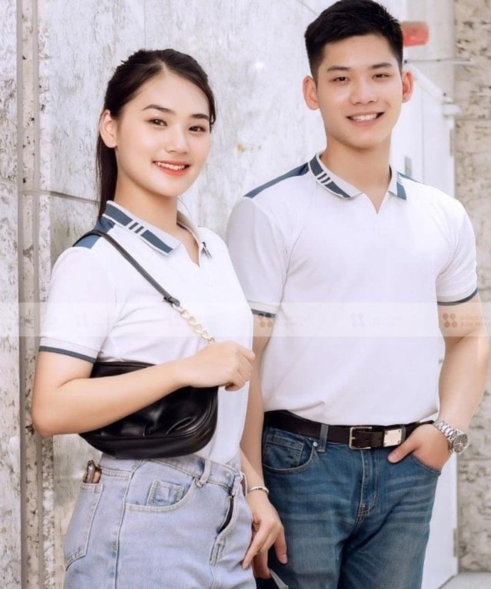 Áo đồng phục công ty AirTech màu trắng phối cổ xanh