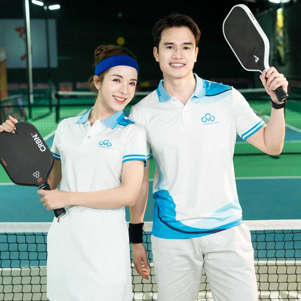 Đồng phục PickleBall mẫu áo polo trắng xanh thanh lịch