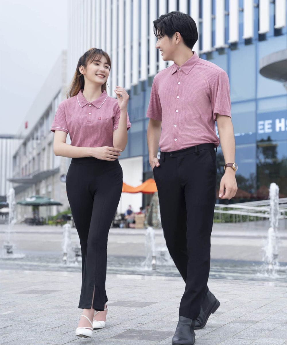 Áo phông đồng phục công ty màu hồng tím, chất liệu thun gân