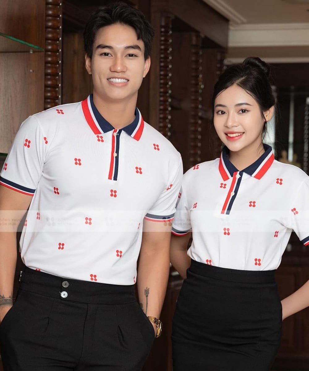 Áo thun đồng phục có cổ công ty Renew màu trắng phối cổ dệt xanh đỏ