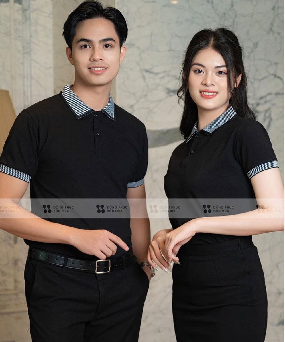 Áo thun công ty có cổ màu đen, cổ tay dệt kẻ